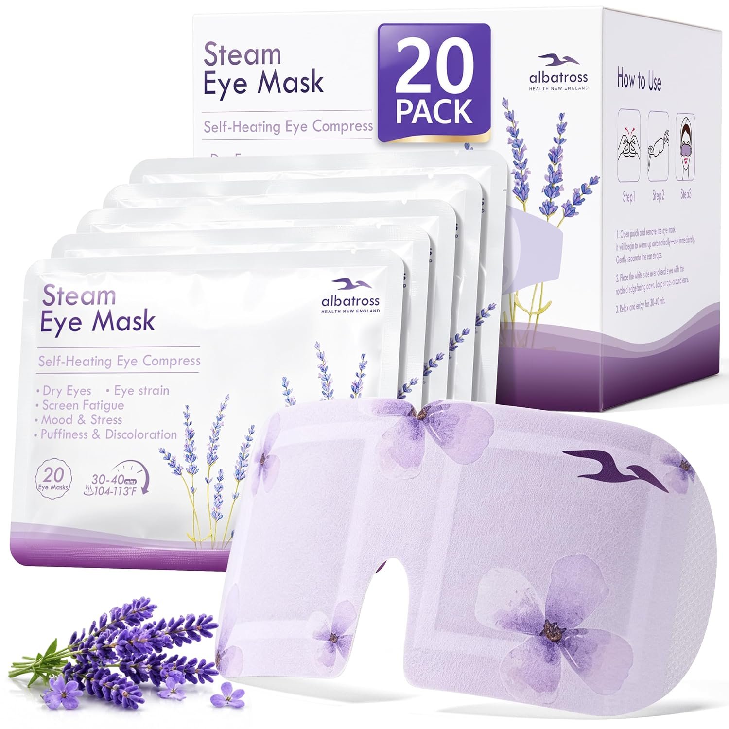 20 Pack Steam-Heated Eye Mask for Dry Eyes, Dark Circle, Lavender