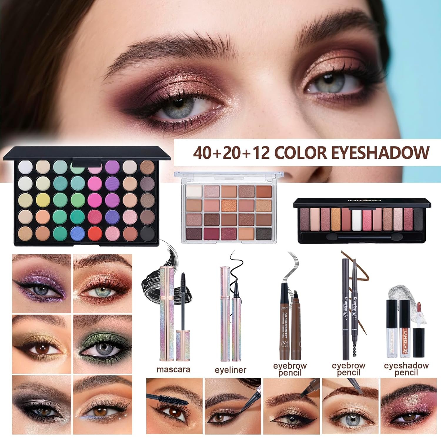 Makeup Set for Women Full Kit Includes, eyeshadow、 liquidfoundation,Loose powder,Eyebrow pencil,Lipstick Eye Pencil Makeup BrushesMakeup practice board 4-color lip gloss set - Image 3