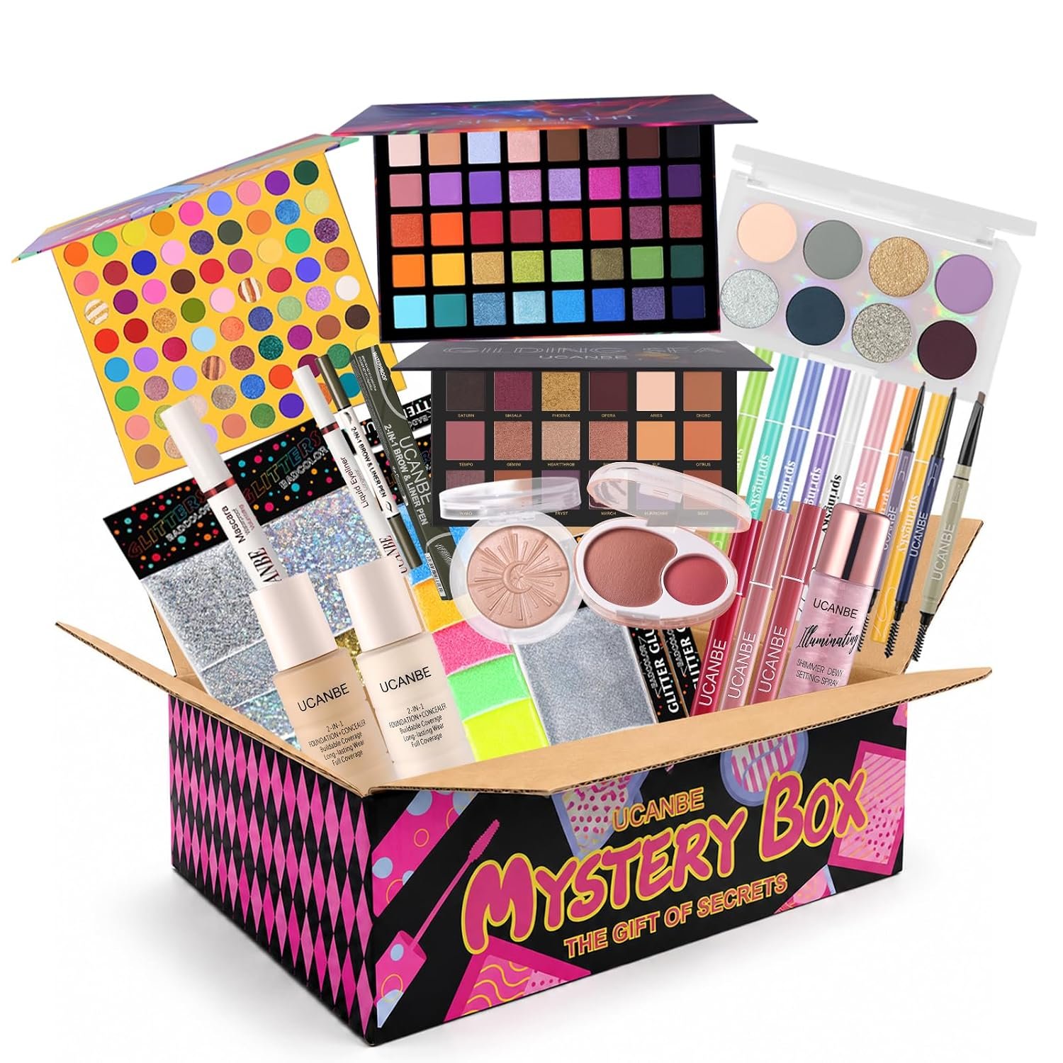 UCANBE Makeup Set Box, Assorted Makeup & Cosmetics Gift Box Worth $140, Beauty Set with Eyeshadow Palettes, Face Makeup, Glitter, Lip Products, Eye Makeup for Women