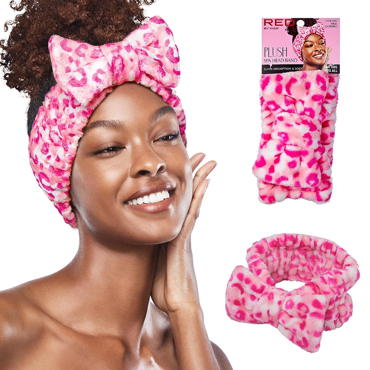 Red by Kiss Spa Headband for Washing Face Facial Makeup Bow Head Band Soft Plush Fleece Stretchy Head Wraps for Women Shower Bath Washing Face Mask (Pink Leopard)