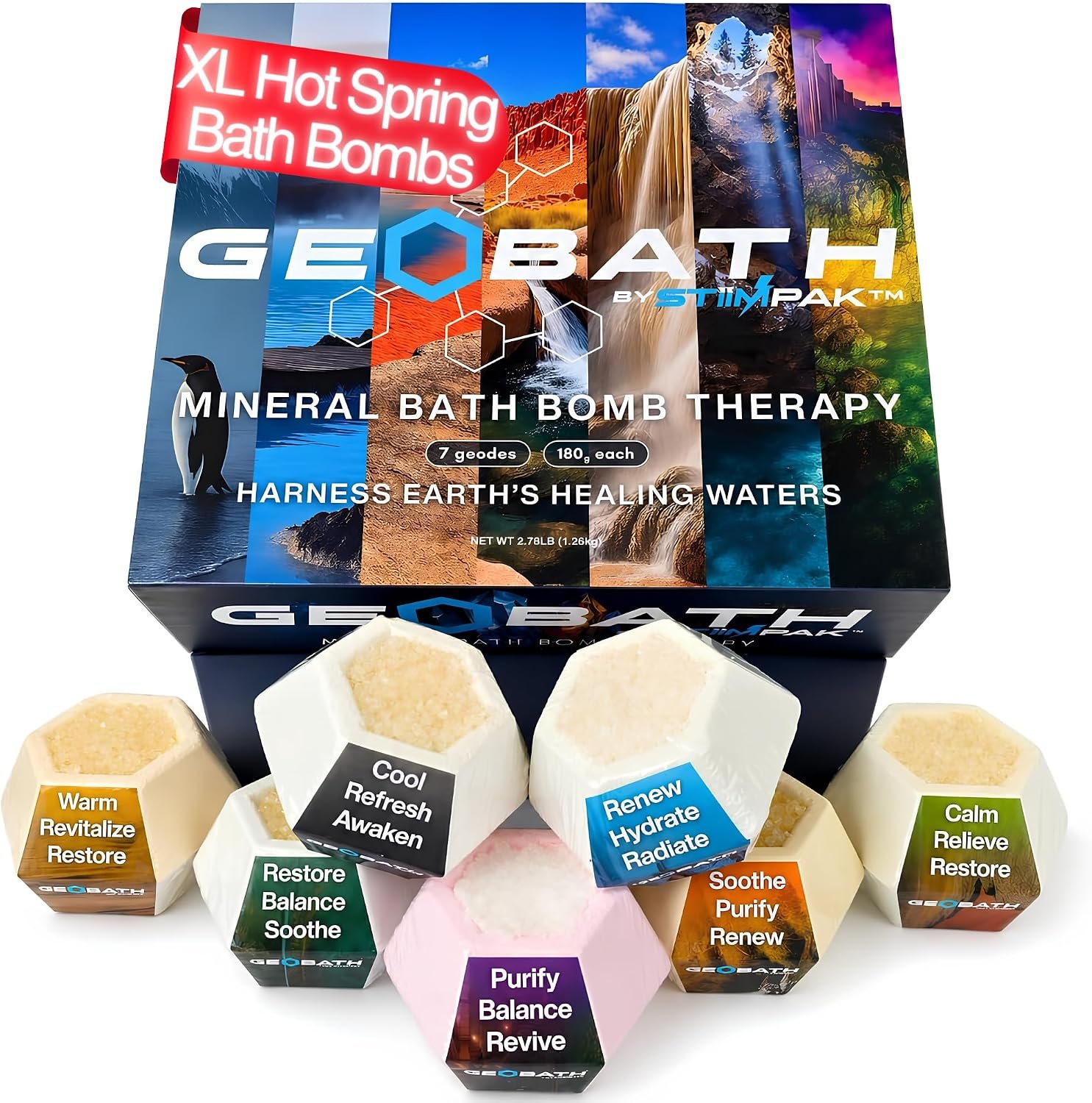 Magnesium & Epsom Salt Natural Mineral Bath Bombs | XL 180g | Skin Care & Muscle Relief Bath Soak Inspired by the World’s Healing Hot Springs | Dye & Fragrance Free | GeoBath (7 Pack)