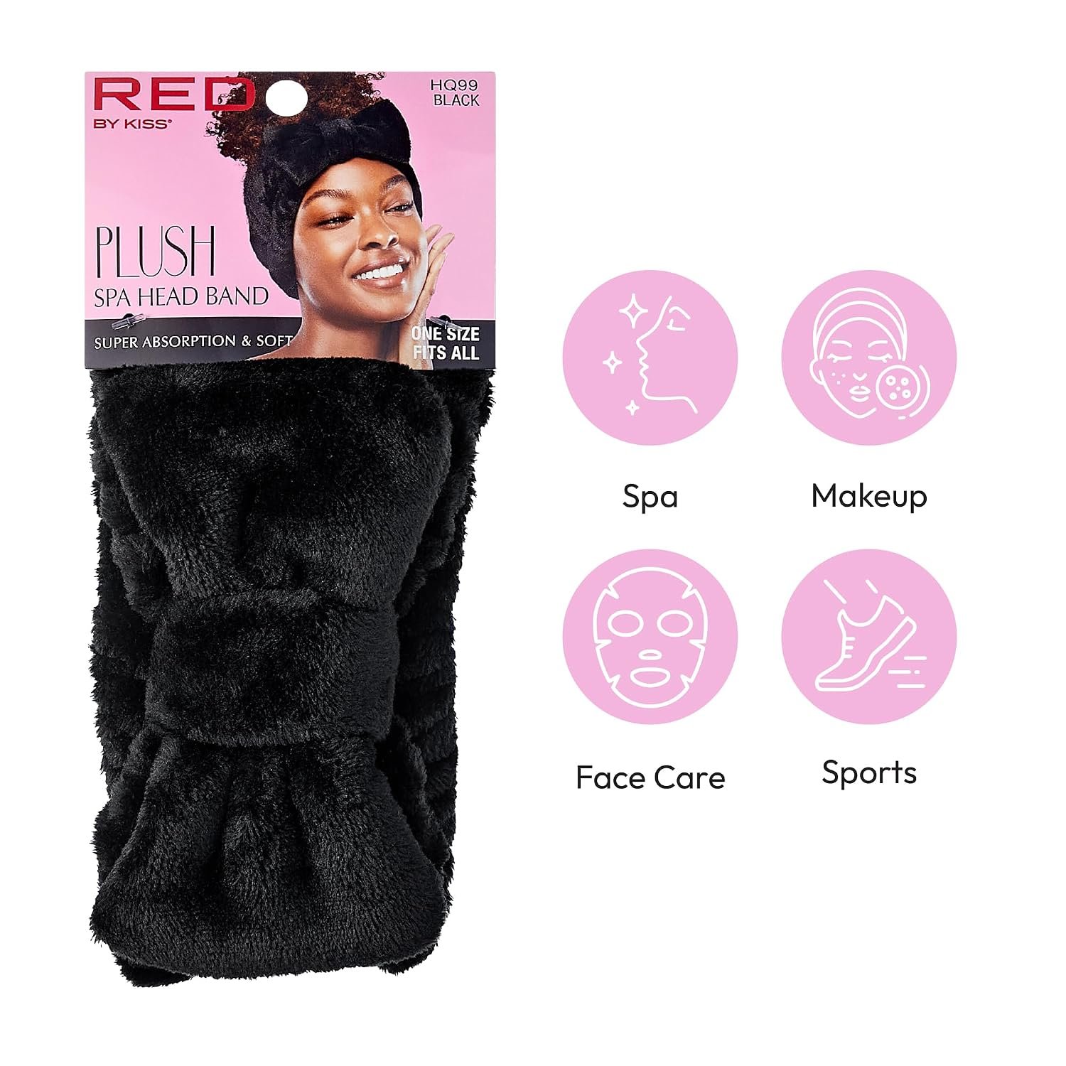 Red by Kiss Spa Headband for Washing Face Facial Makeup Bow Head Band Soft Plush Fleece Stretchy Head Wraps for Women Shower Bath Washing Face Mask (Black) - Image 2