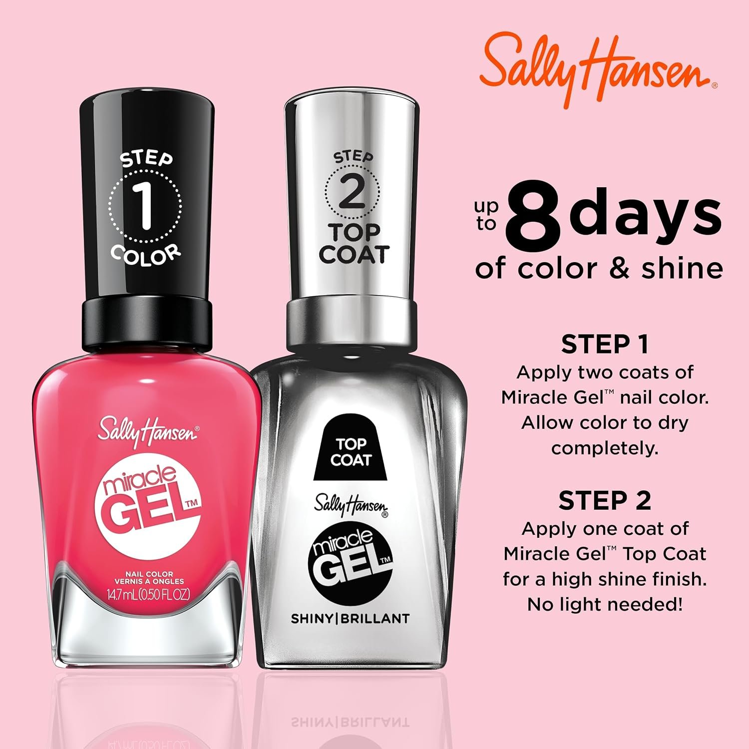 Sally Hansen Miracle Gel Salon Quality Nail Polish | Gel-Like Formula, Two-Step System, No UV Light Needed, Long Lasting | Opaque, Glossy | 339 Electric Pop | Hot Pink Nail Color - Image 5
