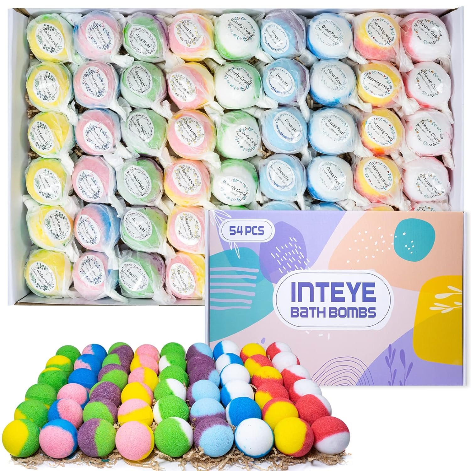 INTEYE Luxury Bath Bombs Gift Set - 54pcs, 9 Aromas, Natural Spa Quality