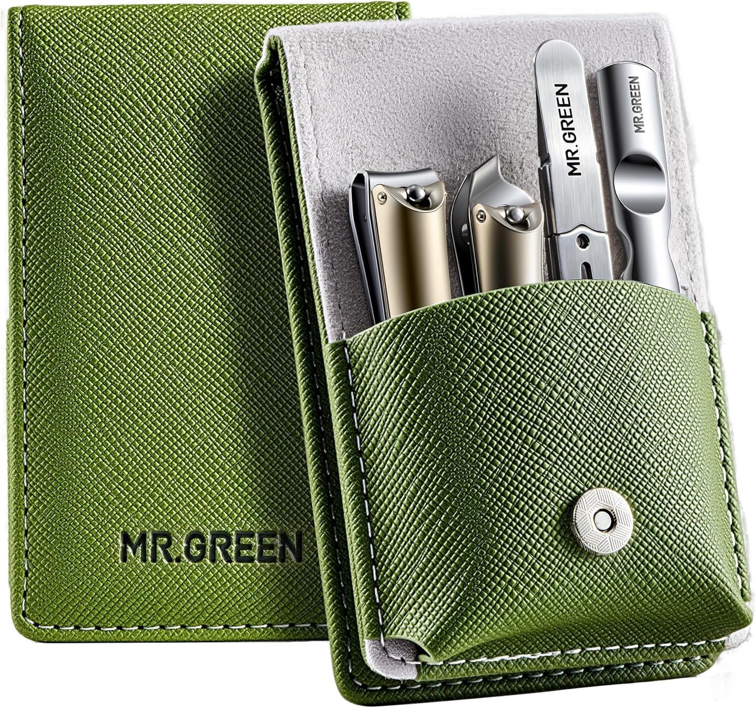 MR.GREEN 4Pcs Nail Clipper Set, German Stainless Steel Nail Clippers with Nail File and Tweezers, Professional Nail Cutter Portable Nail Care Kit with Leather Case for Men & Women