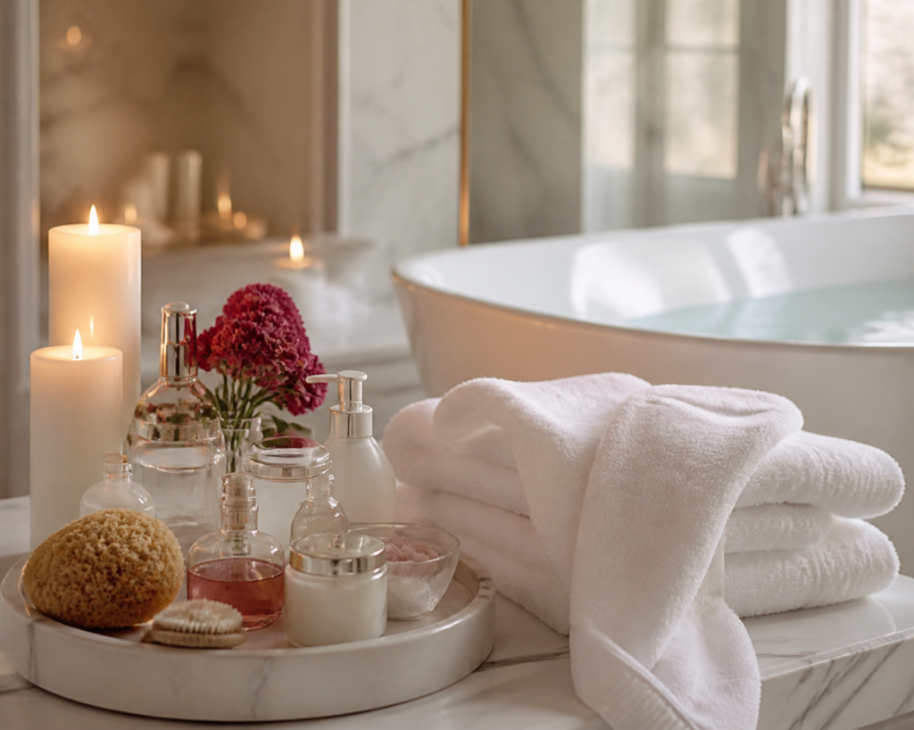 Luxurious bathroom scene with a filled bathtub, lit candles, folded white towels, flowers, bath products, a sponge and a small body brush.